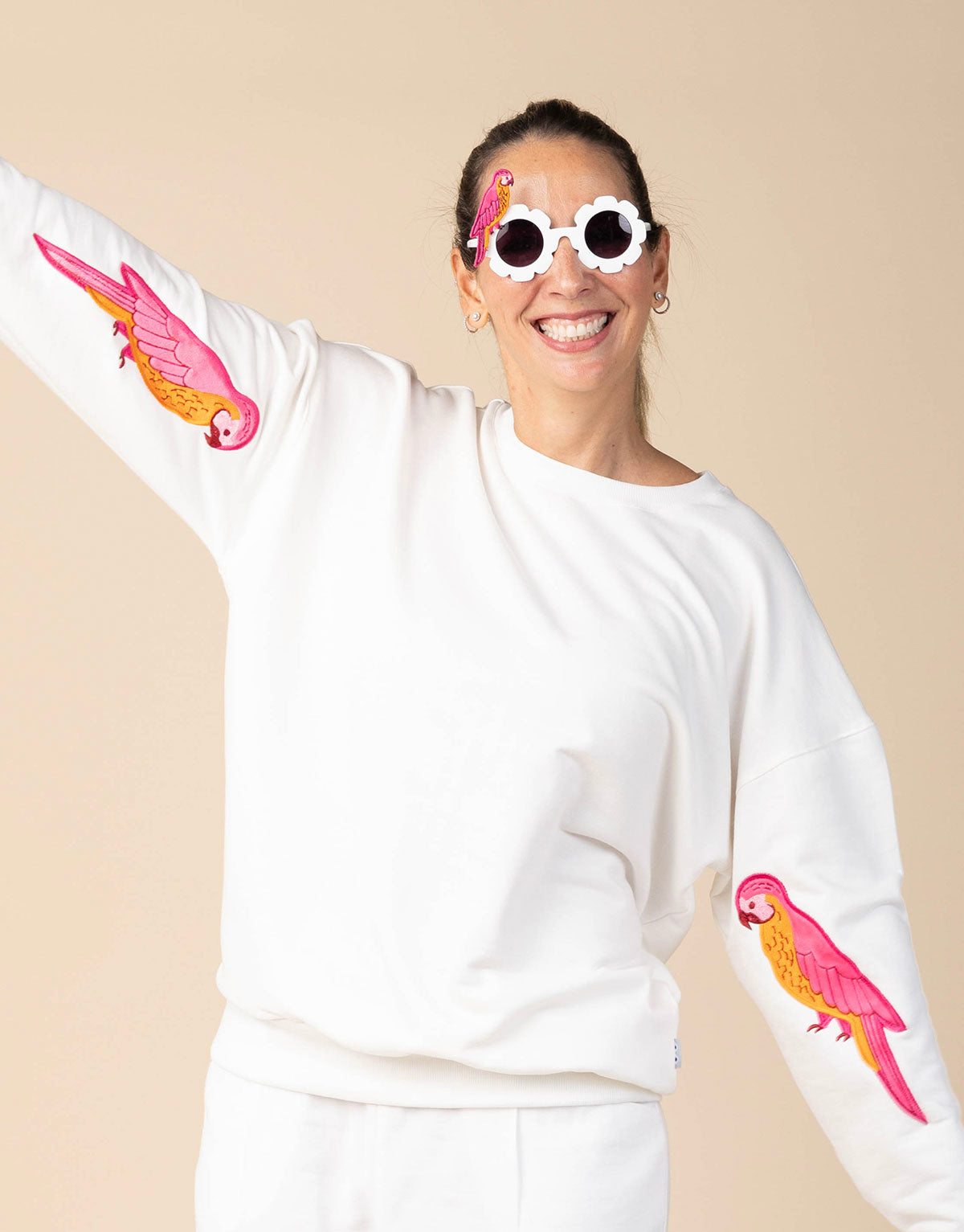 Buzo oversized unisex para adultos en algodón peruano - loros rosados