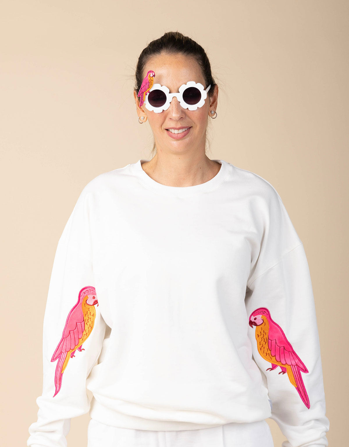 Buzo oversized unisex para adultos en algodón peruano - loros rosados