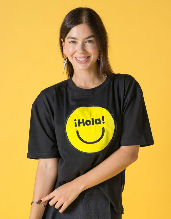 Camiseta negra en algodón peruano cara feliz hola - adultos