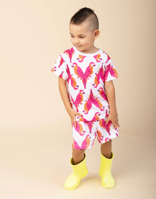 Conjunto para niñas y niños de camiseta y short estampado loros