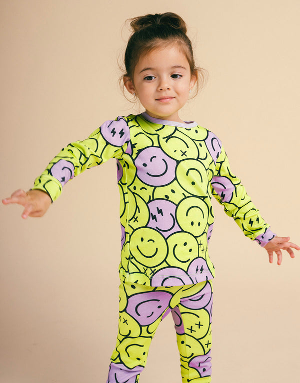 Pijama de algodón pima para niñas y niños - estampado caras verdes